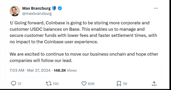 Coinbase перенесет клиентские и корпоративные балансы USDC в Base