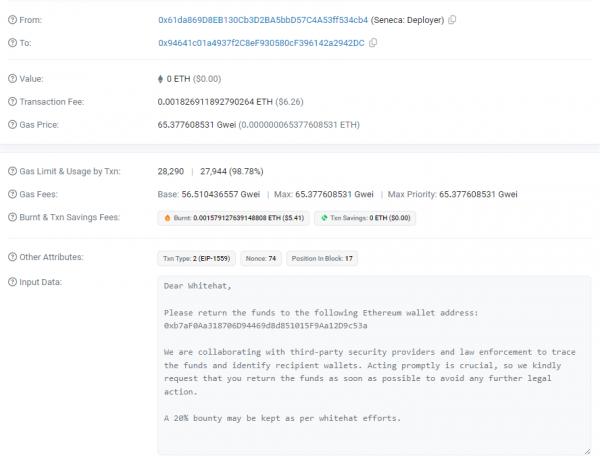 Хакер стейблкоина Seneca вернул средства после эксплоита на $6,4 млн Хакер стейблкоина Seneca вернул средства после эксплоита на $6,4 млн