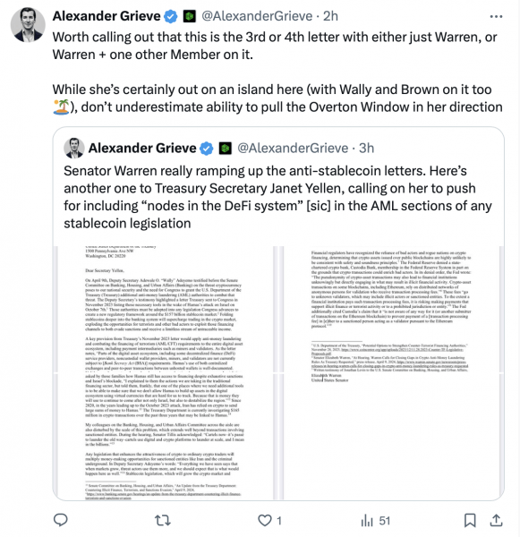 Элизабет Уоррен поддерживает расширенные возможности санкций США в отношении стейблкоинов