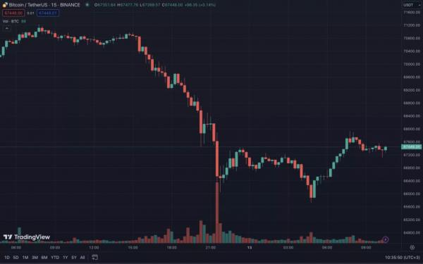 Биткоин вернулся к отметкам выше $67 000 после массовых ликвидаций лонгов