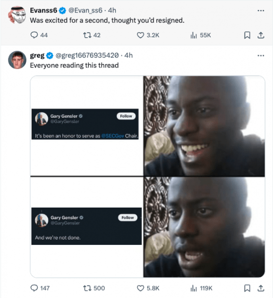 Сообщение об отставке Гэри Генслера разочаровало криптовалюту X Сообщение об отставке Гэри Генслера разочаровало криптовалюту X