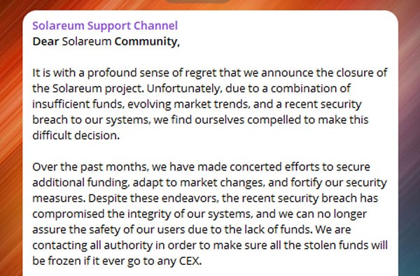 Торговый бот Telegram Solareum закрывается через несколько дней после взлома на сумму 520 тысяч долларов Торговый бот Telegram Solareum закрывается через несколько дней после взлома на сумму 520 тысяч долларов