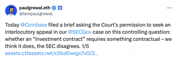 Coinbase запросила промежуточную апелляцию по «контролирующему вопросу» SEC