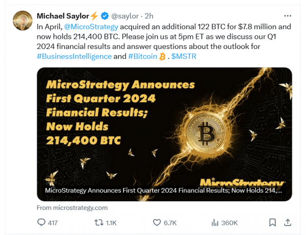 Чистый убыток MicroStrategy в первом квартале достиг $53,1 млн, но покупка Биткоин продолжается Чистый убыток MicroStrategy в первом квартале достиг $53,1 млн, но покупка Биткоин продолжается