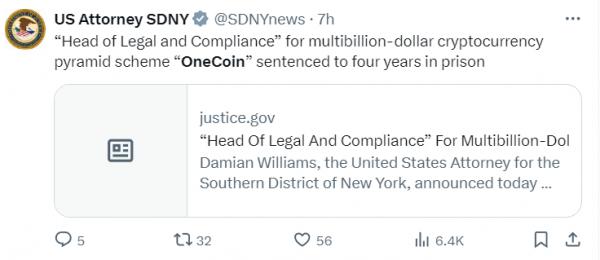 Юридический руководитель OneCoin получила 4 года тюрьмы