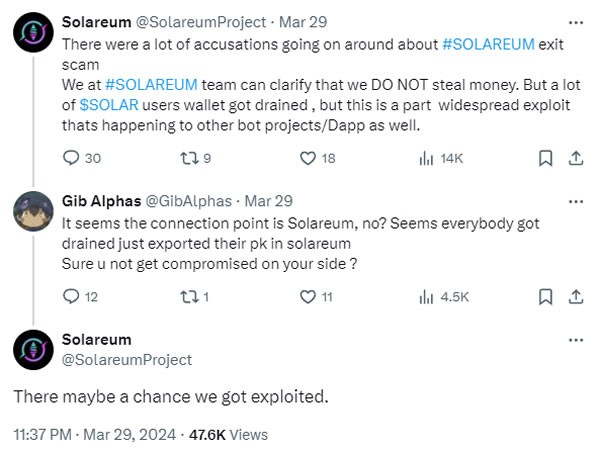 Торговый бот Telegram Solareum закрывается через несколько дней после взлома на сумму 520 тысяч долларов Торговый бот Telegram Solareum закрывается через несколько дней после взлома на сумму 520 тысяч долларов