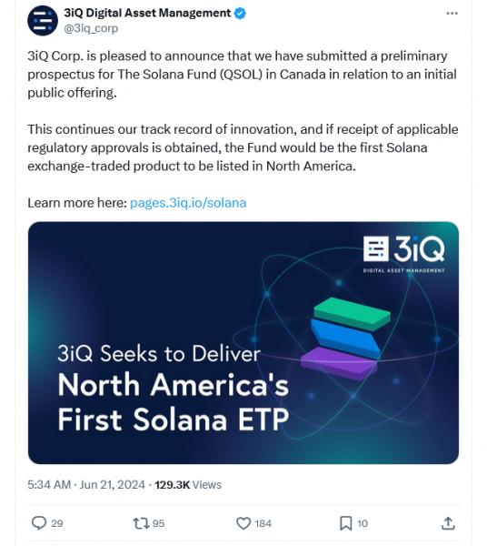 Управляющий активами 3iQ подал заявку на листинг Solana ETP в Канаде Управляющий активами 3iQ подал заявку на листинг Solana ETP в Канаде