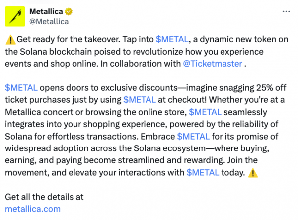 Аккаунт Metallica X, очевидно, был взломан для продвижения токена криптовалюты