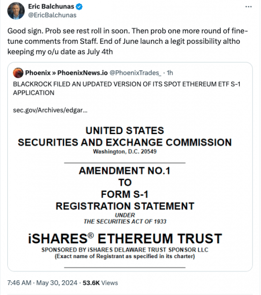 Первый Ethereum ETF может быть запущен июне — BlackRock подает S-1 Первый Ethereum ETF может быть запущен июне — BlackRock подает S-1