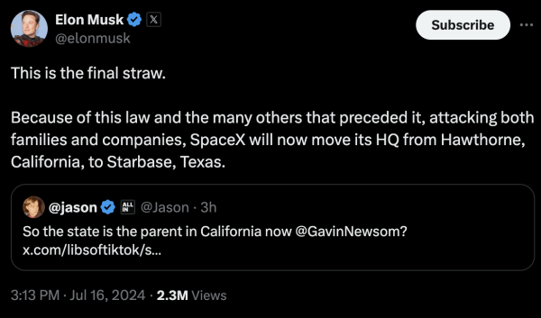 Илон Маск заявил, что штаб-квартиры X и SpaceX переедут в Техас