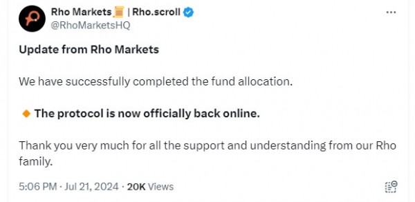 Rho Markets возвращается в&nbsp;онлайн без&nbsp;потери средств после инцидента с&nbsp;оракулом на&nbsp;$8&nbsp;млн
