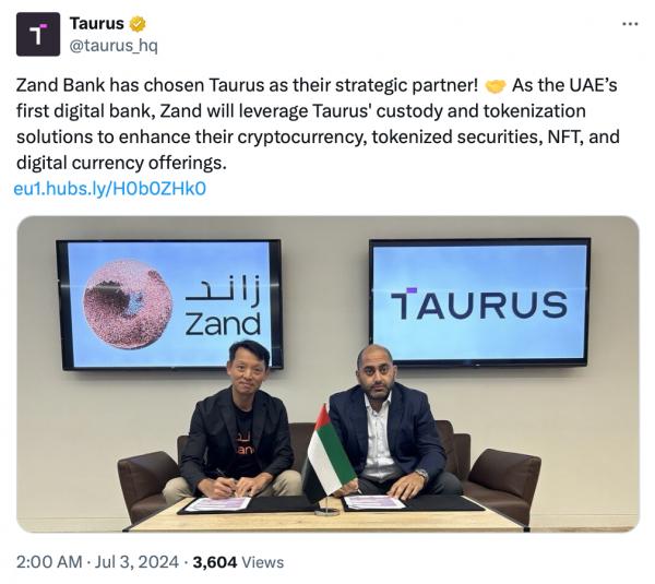 Taurus расширяет услуги криптовалюты и&nbsp;токенизации Zand Bank в&nbsp;ОАЭ
