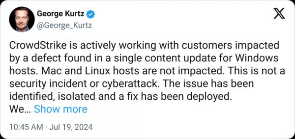 Генеральный CrowdStrike решает проблему простоя и отрицает нарушение безопасности