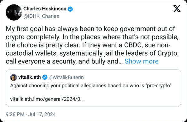 Чарльз Хоскинсон отвергает мнение Виталика Бутерина о голосовании за криптовалюту