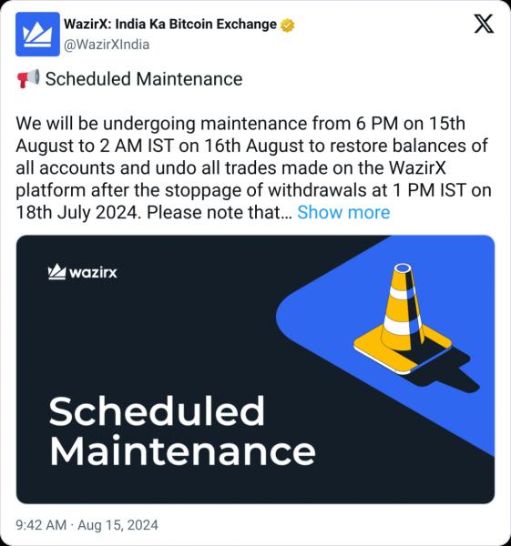 WazirX проводит техническое обслуживание для восстановления балансов после взлома на $234 млн