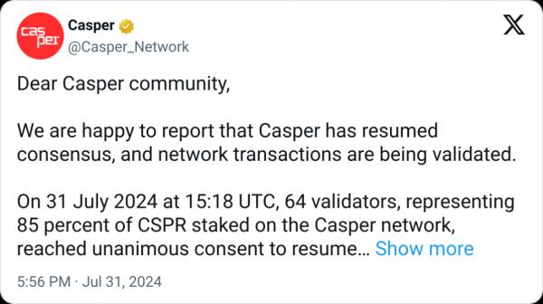 Casper Network снова работает после остановки из-за инцидента безопасности