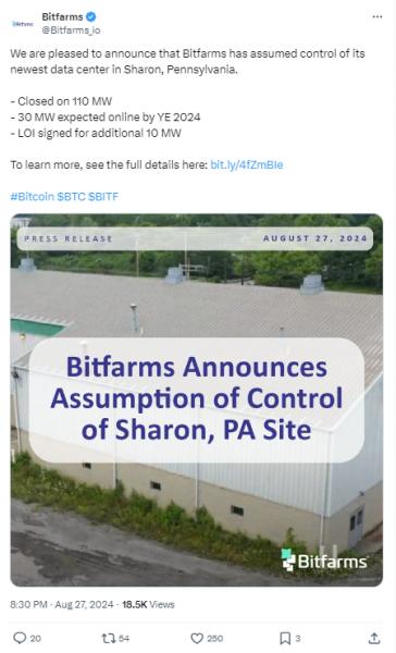 Bitfarms запускает 120-мегаваттный майнинговый мегакомплекс в США Bitfarms запускает 120-мегаваттный майнинговый мегакомплекс в США