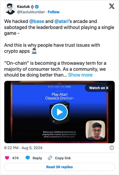 Разработчик взломал игру Atari на&nbsp;Base, чтобы доказать, что она не&nbsp;ончейновая