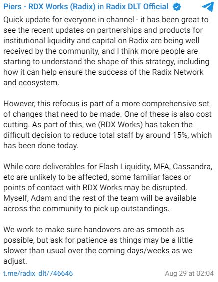 DeFi-сеть Radix сокращает 15% персонала, ссылаясь на необходимость «переориентации»