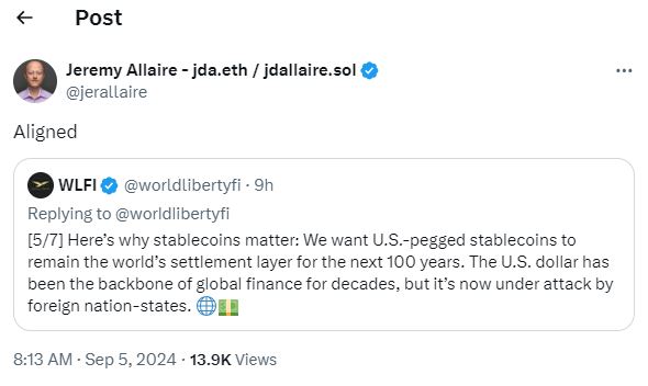 DeFi-проект семьи Трампа надеется «сохранить доминирование доллара США» DeFi-проект семьи Трампа надеется «сохранить доминирование доллара США»