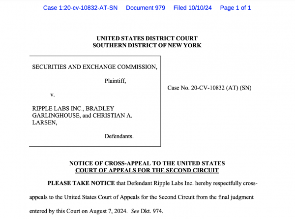 Ripple Labs обостряет спор с SEC и подает уведомление о встречной апелляции