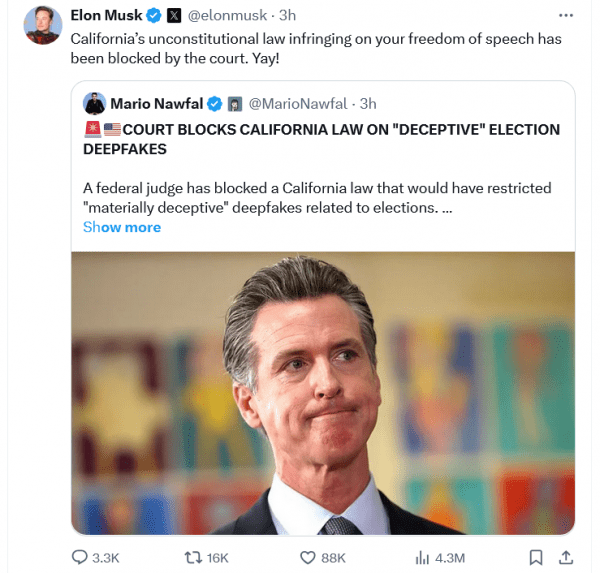 Судья признал новый запрет на дипфейки на выборах в Калифорнии неконституционным Судья признал новый запрет на дипфейки на выборах в Калифорнии неконституционным