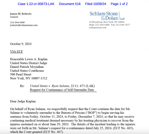 Райан Саламе просит перенести дату самосдачи на 7 декабря Райан Саламе просит перенести дату самосдачи на 7 декабря