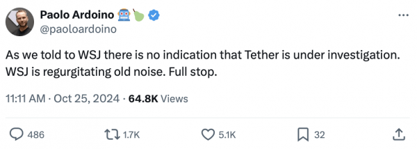 Необоснованный отчет о расследовании Tether потряс рынок криптовалют Необоснованный отчет о расследовании Tether потряс рынок криптовалют