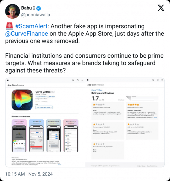 Мошенническое приложение Curve Finance вновь всплывает на фоне резкого роста приложений с фейковыми криптовалютами