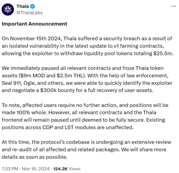 Thala возвращает $25,5 млн в криптовалюте, вызванной уязвимостью фермы v1