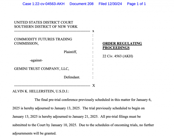Судья перенес судебное разбирательство по делу CFTC над Gemini на 21 января Судья перенес судебное разбирательство по делу CFTC над Gemini на 21 января