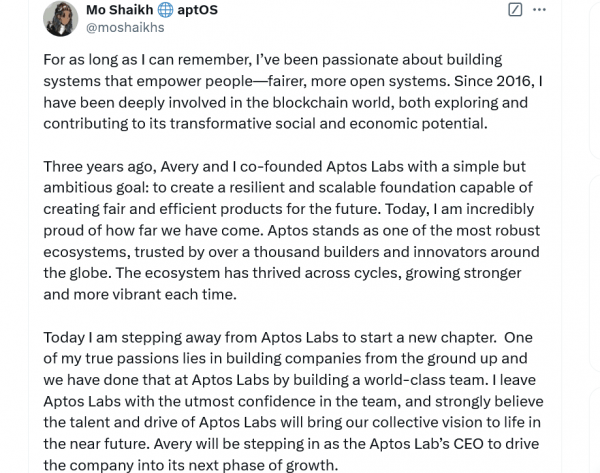 Соучредитель и генеральный директор Aptos Мо Шейх уходит в отставку, чтобы «начать новую главу» Соучредитель и генеральный директор Aptos Мо Шейх уходит в отставку, чтобы «начать новую главу»