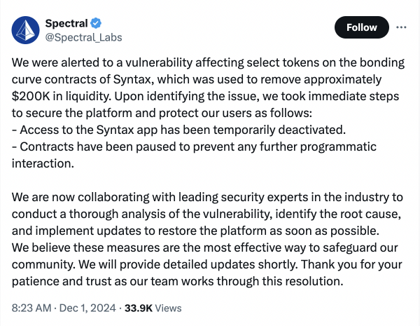 Spectral Labs выявила уязвимость синтаксиса и приостановила контракты Spectral Labs выявила уязвимость синтаксиса и приостановила контракты