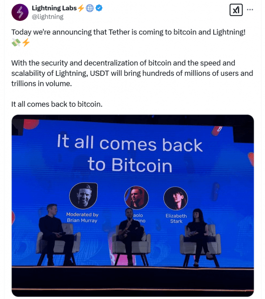 Стаблейн Tether будет интегрирован на биткоин -молнию