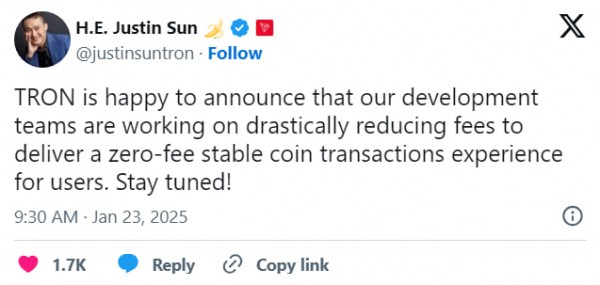 TRON внедрит нулевые комиссии на переводы стейблкоинов