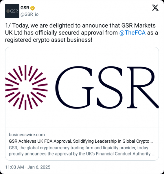 GSR получает одобрение FCA Великобритании и расширяет регулируемые криптовалютные услуги