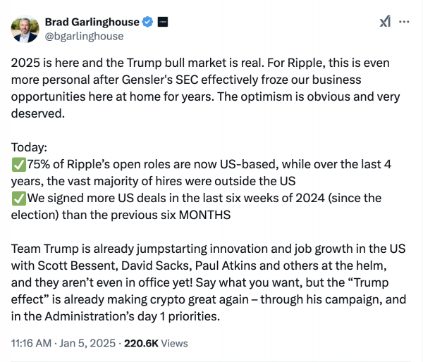 «75% открытых вакансий Ripple теперь находятся в США», — генеральный директор Брэд Гарлингхаус «75% открытых вакансий Ripple теперь находятся в США», — генеральный директор Брэд Гарлингхаус