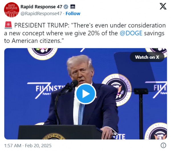 Трамп рассматривает выплату 20% DOGE-сбережений гражданам США