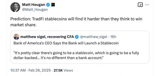 Стейблкоины от банков могут не выдержать конкуренции: мнение Bitwise Стейблкоины от банков могут не выдержать конкуренции: мнение Bitwise