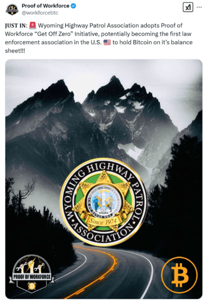 Вайоминг шоссе Патрульный союз Маллс добавление биткоина в баланс: отчет Вайоминг шоссе Патрульный союз Маллс добавление биткоина в баланс: отчет