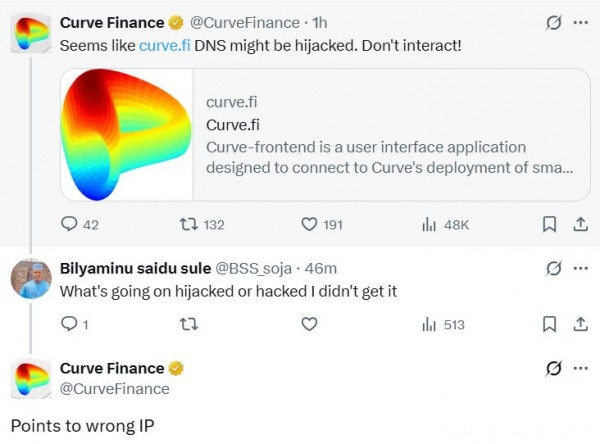 Curve Finance в панике: DNS снова хакнули, пользователей уводят на фейковый сайт Curve Finance в панике: DNS снова хакнули, пользователей уводят на фейковый сайт