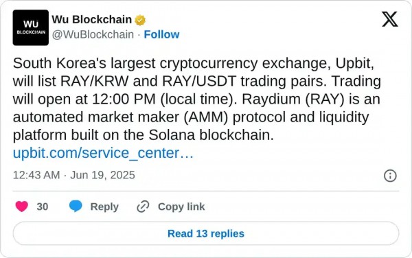 Raydium растет на 18% после листинга на южнокорейской бирже Upbit