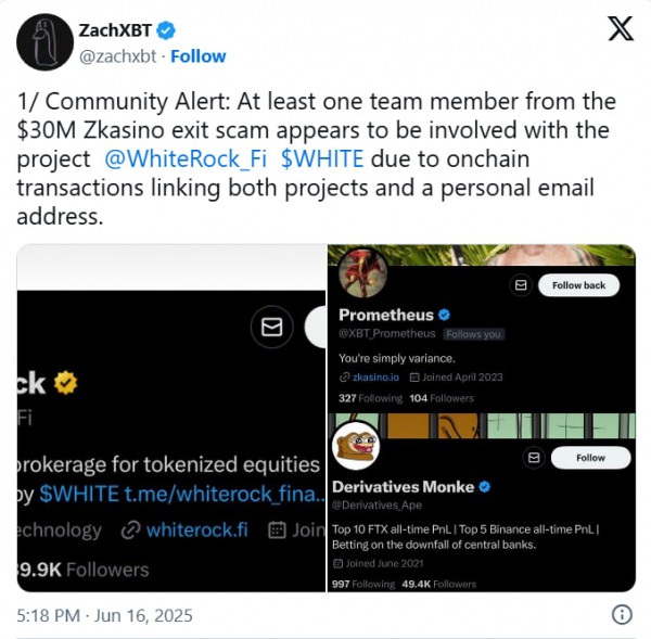 Расследование ZachXBT: WhiteRock оказался связующим звеном в схеме отмывания $33 млн, украденных из ZKasino Расследование ZachXBT: WhiteRock оказался связующим звеном в схеме отмывания $33 млн, украденных из ZKasino