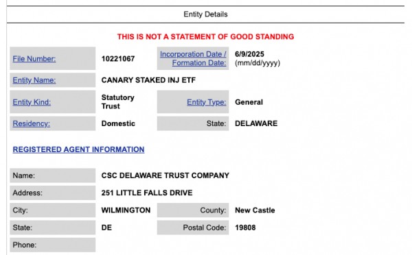 Canary Capital запускает траст в Делавэре под ETF на застейканный Injective
