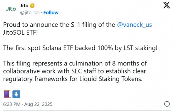 VanEck и Jito подали заявку на первый ETF на базе ликвидного стейкинга Solana VanEck и Jito подали заявку на первый ETF на базе ликвидного стейкинга Solana