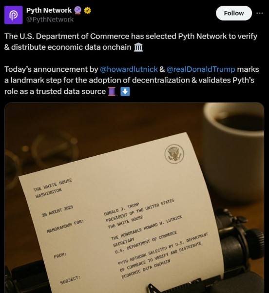 PYTH взлетел на 70% после выбора Минторга США для публикации экономических данных на блокчейне