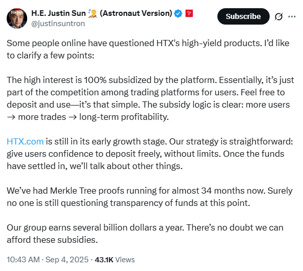 Джастин Сан защитил доходность HTX и объявил о расширении трежери Tron на $110 млн