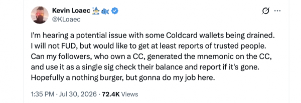 Coinkite предупреждает владельцев Coldcard Mk3 после сообщений о потере биткойнов на сумму 38 млн долларов