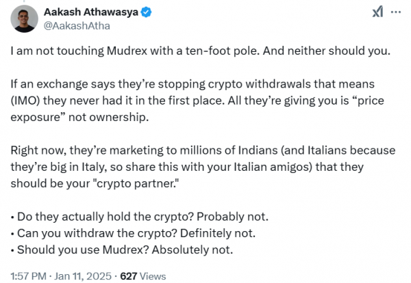 Индийская криптовалютная биржа Mudrex разъясняет вопрос о прекращении вывода криптовалюты Индийская криптовалютная биржа Mudrex разъясняет вопрос о прекращении вывода криптовалюты