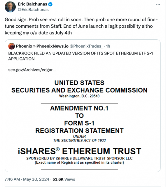 Ethereum ETF в июне запускает «законную возможность», поскольку в файлы BlackRock внесены поправки в S-1 Ethereum ETF в июне запускает «законную возможность», поскольку в файлы BlackRock внесены поправки в S-1